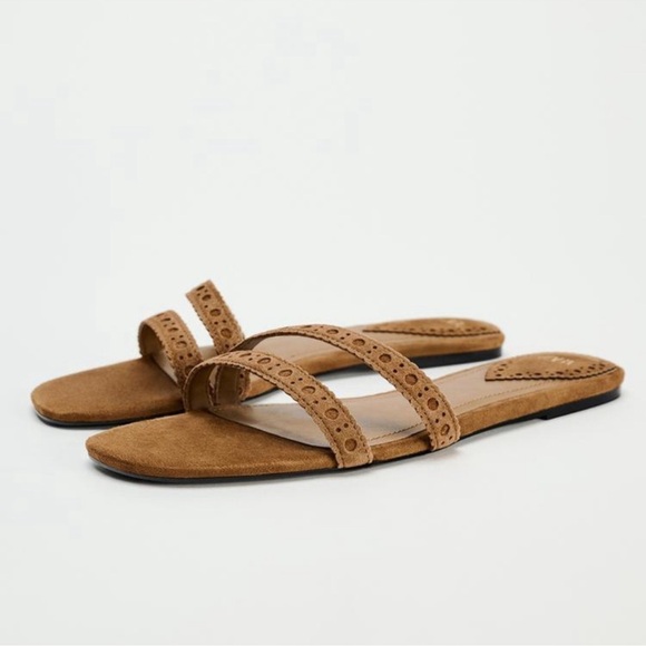 ZARA FLAT LEATHER SUEDE SANDALS Size 8 NWT - Picture 1 of 9